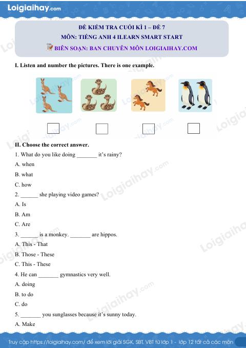 Đề thi học kì 1 Tiếng Anh 4 iLearn Smart Start - Đề số 7